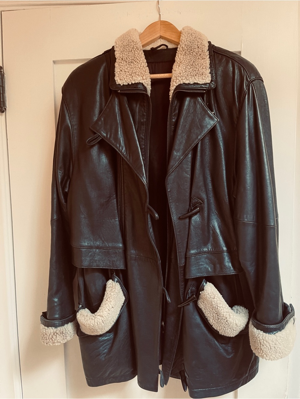Vintage Nina Ricci Dark Brown Leather Jacket with Cream Shearling Trim